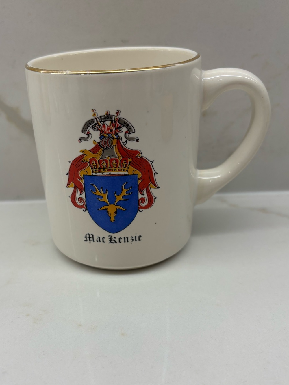 Vintage MacKenzie Family Crest Coat of Arms White Coffee Mug 24K Gold Rim
